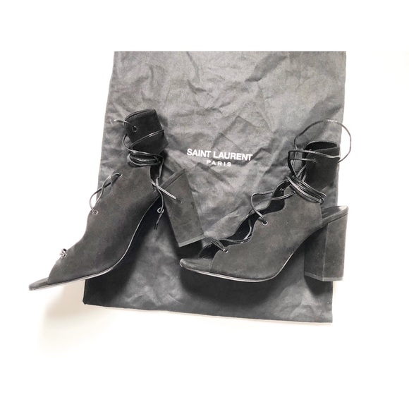 💛Saint Laurent Blk Suede Block Heel Lace Sandals - Picture 5 of 12